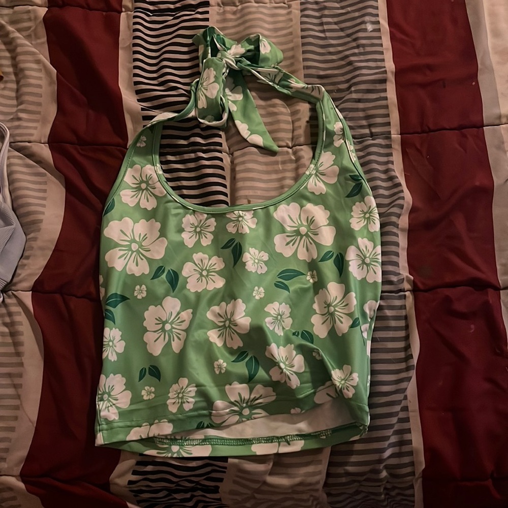 Green and white hibiscus flower halter top
